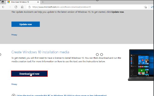 Windows Media Creation Tool Download Page