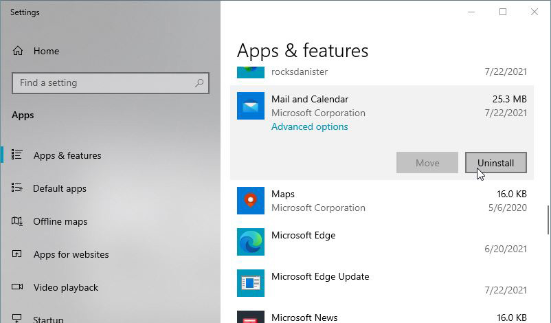 Uninstall Mail and Calendar App from Windows 10